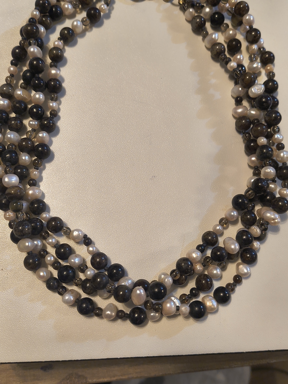 Vintage Sterling Silver Four Strand Cultured Pearl and Black Agate Necklace 19"
